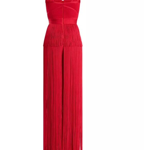 HERVE LEGER Strappy Ottoman Fringe Gown In Rio Red - Picture 6 of 7